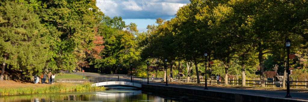 A serene park scene reminiscent of a mental health retreat, with a small footbridge crossing over a calm body of water. Trees with green and some yellowing leaves line the walkway as people stroll along the path under Bostons partly cloudy sky.