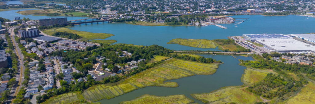 Aerial view of a vibrant coastal town, reminiscent of a mental health retreat in Boston, with a large body of water, lush green marshland, residential areas with houses and roads, a bridge, and a few commercial buildings. The townscape is encircled by calming water and natural greenery.